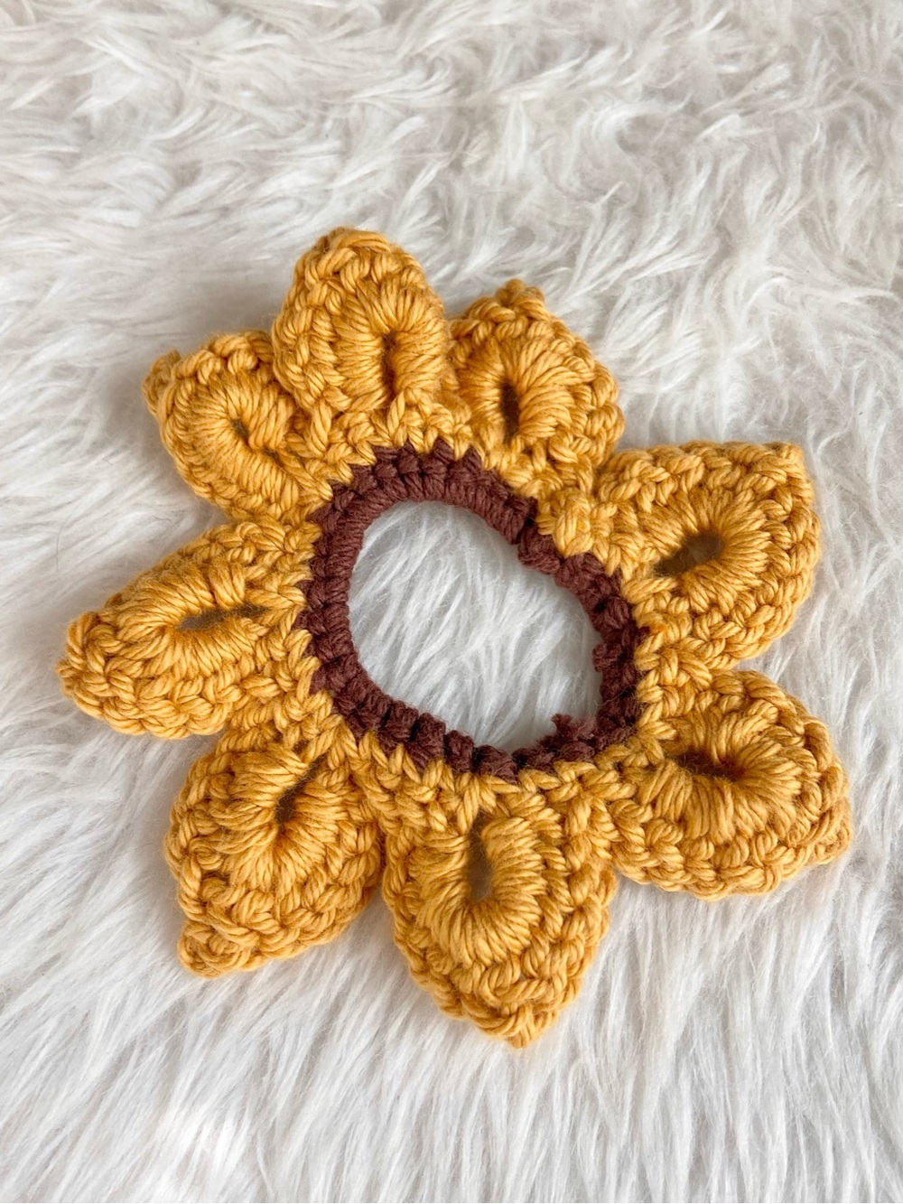 Golden Harvest Sunflower Crochet Scrunchie – Boho Floral Hair Tie - Picture 3 of 3